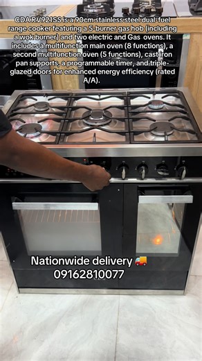 Key Features and Specifications: Hob: 5-burner gas hob with a 3.7kW wok burner and cast-iron pan supports. Main Oven: Multifunction oven (8 functions) with a 70L net capacity. Second Oven: Multifunction oven (5 functions) with a 36L net capacity. #nigeriatiktok🇳🇬🇳🇬🇳🇬 #goviral #kichenware #homeappliances #fypシ゚viral🖤tiktok
