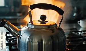 A kettle on a stove with flames, indicating boiling water or a fire hazard.