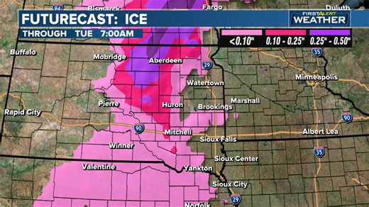 It's looking like the heaviest snowfall totals are pushing west of where originally expected. Still, heavy snowfall up to a foot will impact central portions of the state through Tuesday. Ice totals will be most significant in the northeast corner of the state. Expect a quarter to a half inch of ice through noon Tuesday. This will cause damage to trees and power lines, and make travel difficult if not impossible. | Dakota News Now