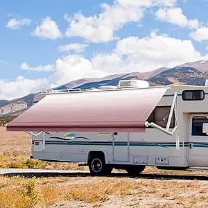 Suncode RV Awning for RV&Camper-Motorized RV Awning,Electric Camper Awning Complete Kit-14x8Ft-White Frame &Burgundy Fade