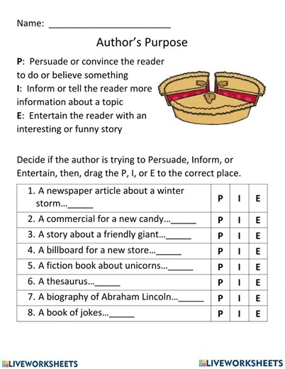 Author's Purpose worksheet for 7