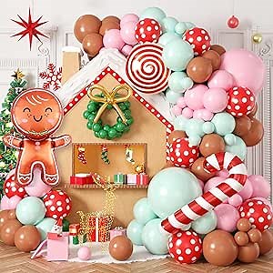 Gingerbread Balloon Arch Kit, 115 Pcs Pastel Pink Christmas Party Decorations with Pink Green and Red Latex Candy Cane Gingerbread Man Balloons Foil for Christmas Cookie Xmas New Year Party Supplies