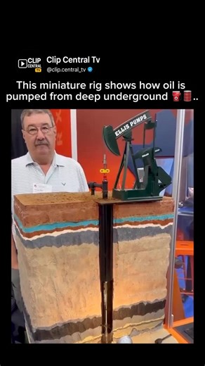 Clip.Central Tv on Instagram: "🛢️⛽️.. What you’re watching is a working miniature model of an onshore oil pump, often called a pumpjack, designed to show how crude oil is extracted from deep underground. Oil forms between layers of rock over millions of years. Once a well is drilled, a long rod connected to the pumpjack moves up and down, creating suction that pulls oil through the wellbore to the surface. The layered materials in the model represent different rock and sediment formations oil m