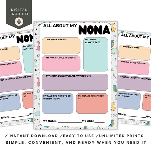 All About My Nona Dinosaur Printable, Mother’s Day Kids Activity for Grandma, Fun Fillable Worksheet, Instant PDF Download - Etsy