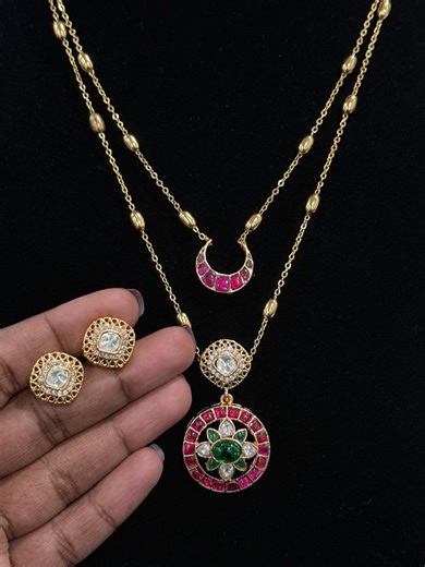 Vintage Ruby Emerald Pendant Set With Earrings | Layered Gold Chain Necklace - Etsy