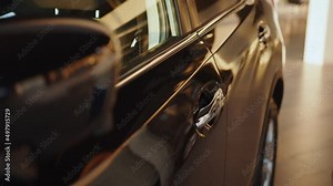 Driver uses keyless entry access by putting finger on handle to open or close car with fingerprint close up. Woman using smart key wireless unlocking car door, open and entry