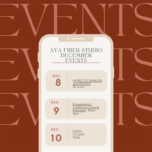 Aya Fiber Studio has a full lineup of creative events this December 2025. From hands-on workshops to open studio sessions and opportunities to shop handmade gifts, there’s something for every fiber art enthusiast. This is a chance to learn new techniques, spend time in a welcoming creative space, and enjoy a meaningful pause during the busiest season of the year. We invite you to join us and experience what makes December at the studio so special! | Aya Fiber Studio