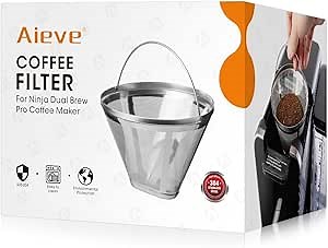 Aieve Reusable Coffee Filter Compatible with Ninja Dual Brew Pro Coffee Maker CFP301 CFP201 CFN601, Coffee Filters #4 Permanent Cone Coffee Basket