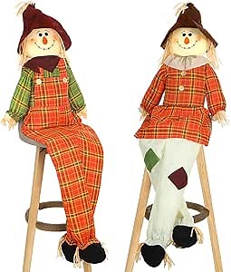 Libima 2 Pack 60" Large Scarecrow Thanksgiving Fall Sitting Scarecrow Halloween Decoration Life Size Scarecrows for Indoor Outdoor Autumn Harvest Decoration for Garden Yard Porch(Plaid)