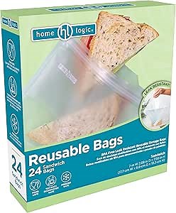 Home Logic Reusable Sandwich Bags – Leak Proof Food Storage for Snacks & More – 24 Bags, 7 Inch Width
