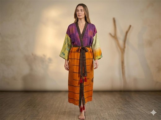 Silk Blend Kimono Robe Bohemian, Plus Size Dressing Gown Woman, Long Silk Honeymoon Robe From Bali, Anniversary Gift - Etsy