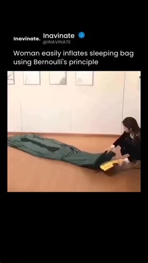 technology.ieo on Instagram: "Inflating something as large as a sleeping bag might seem like a workout — unless you know a bit of physics. Instead of blowing directly into it, you can fill it effortlessly using Bernoulli’s principle. By blowing a steady stream of air across the wide opening, you create a low-pressure zone that pulls in surrounding air along with your breath, multiplying the airflow in seconds. It’s a clever trick rooted in science: when air moves faster, its pressure drops. That