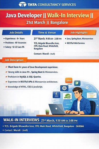 🚀 Java Developer Hiring @ Tata Consultancy Services | Walk-in on 21st March | #job #walkindrive