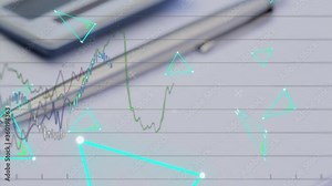 Animation of triangles and shapes floating with statistics and graphs on a notebook background