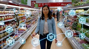 Tech-Savvy Shopper Navigating the Grocery Store: A modern woman navigates the aisles of a grocery store.