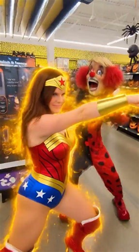 Roe transforms into Wonder Woman to defeat Trump the clown.