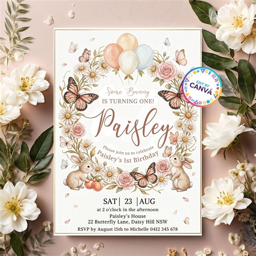 Some Bunny is One Birthday Party Bundle, Bunny 1st Birthday Invite & Decor Set, Editable Canva Template, Girl First Birthday Party Kit - Etsy