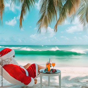 Santa Claus is relaxing on a beach with a drink and the ocean is in the background