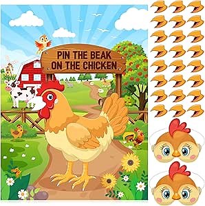 Faccito Farm Animal Games Pin The Beak on The Chicken Barnyard Birthday Party Decorations Farm Poster Games with 24 Stickers Eye Mask for Kids Family School Activities Birthday Party Decor Supplies