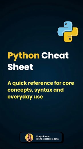 Dr. Pooja | Python | SQL | Power BI | Excel on Instagram: "Python Essentials at a Glance If you’re building a foundation in Python or revising before interviews, a well-structured cheatsheet can save hours. This visual brings together the core ideas every beginner and working professional needs: data types, control flow, functions, collections, and widely used libraries. Use it as a quick reference while coding, revisiting concepts, or preparing for data roles. Clear basics lead to cleaner logic