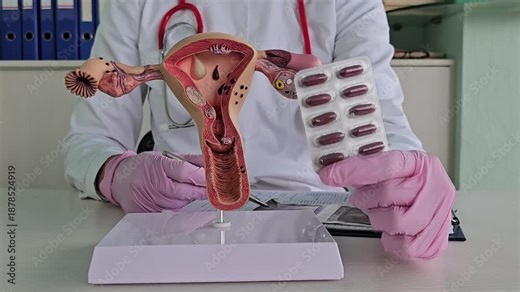 Doctor explains human reproductive system using model in clinic setting