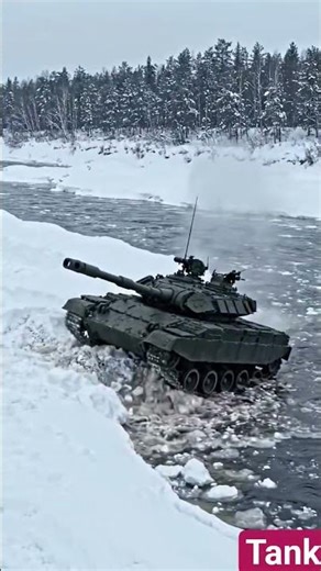 army tank in snow river