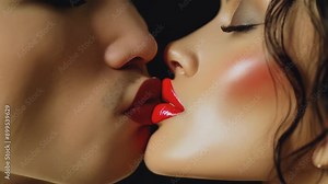 Two pairs of glossy red lips in a close-up, intimate pose, capturing the essence of passion and romance. The image conveys a sense of desire, sensuality, and connection between the two individuals.