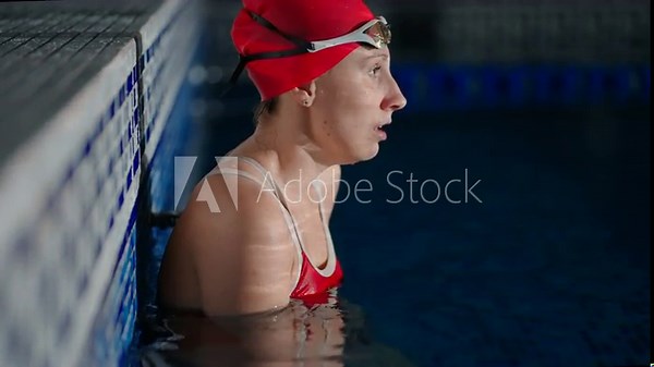 Tired Sportswoman In Swimming Pool, Female Swimmer Resting In Water, Training Hold Breath