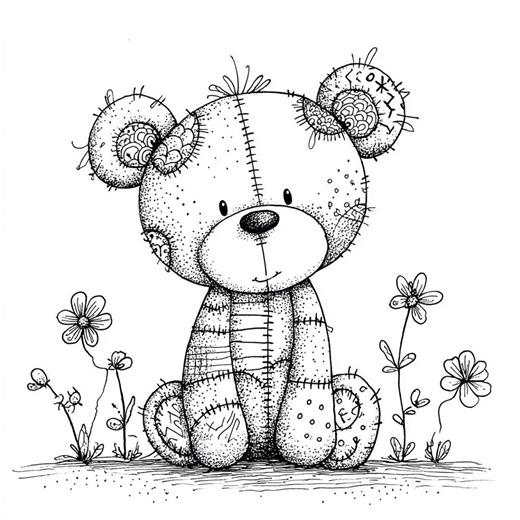 Patchwork Teddy Bear CLIPART, Black and White Stuffed Bear Art, Cute Plush Toy Sketch Style, Whimsical Nursery Character - Etsy UK