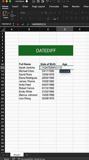 Calculate Age in Excel with DATEDIF #exceltutorial #excel #shorts