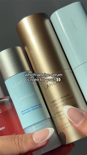 Which Laneige Serum is right for you? 👀 Here’s a breakdown ✨⬇️ 🩵 NEW! Water Bank Aqua Facial: serum inspired by Korean glass skin facials to gently exfoliate, replenish hydration & boost glow. 🌸 Bouncy & Firm Serum: reveals hydrated, visibly firm, and glowing skin—now and over time. ✨ Perfect Renew 3x Signature Serum: effective yet gentle treatment that combines three serums that each target visible wrinkles, firmness, and dullness. 💧 Water Bank Serum: humectant-packed serum that intensely h
