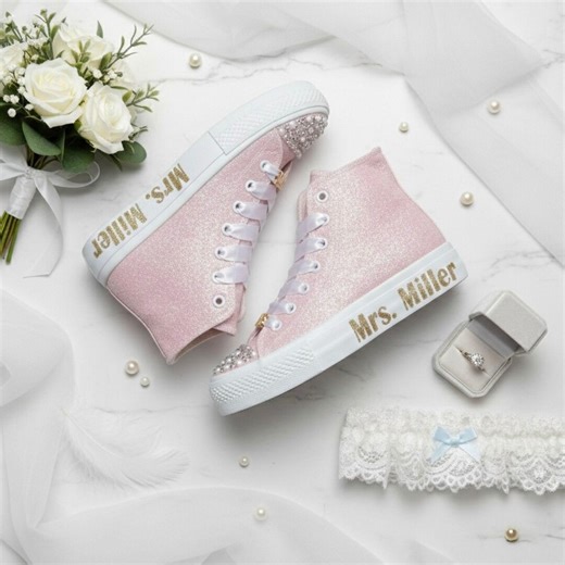 Personalized Pink Glitter Wedding Sneakers, Pearl Rhinestone Wedding Shoes, Bride Gift - Etsy