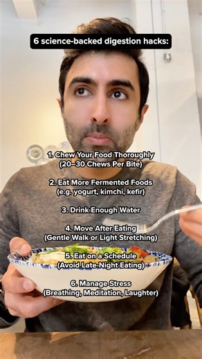 6 Digestion Hacks That Actually Work 🥦💧 Good digestion depends not just on what you eat, but also how and when you eat. These habits can help you avoid an upset stomach: Chew Thoroughly (20–30 Chews Per Bite) 🦷 Digestion starts in the mouth. Chewing breaks food into smaller particles and mixes it with saliva, which contains enzymes that begin breaking down carbs. Chewing more also slows down your eating pace, helping you feel full and avoid overeating. Eat Fermented Foods (Yogurt, Kimchi, Kef