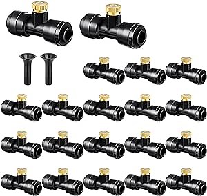 Brass & Black Misting Nozzles Kit - 20pcs Mister Nozzles & Tees with 2pcs Plugs for 1/4" Tubing and Outdoor Patio System