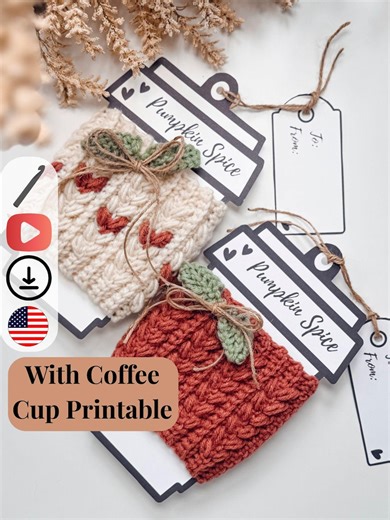 CROCHET PATTERN   VIDEO & Printable. Wheat Stitch™ Pumpkin Coffee Cup Cozy Crochet Pattern Fall Mug Sleeve Pdf Easy Cute Pumpkin Cozy - Etsy