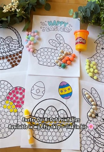 Easter toddler activity that can be used 4 different ways 🐣🌸 These Easter Do A Dot printables turn into multiple fine motor activities for toddlers and preschoolers. Use dot markers, dot stickers, playdough balls, or pom poms to fill the circles — plus a little Easter egg coloring for extra fun. Includes 6 cute Easter preschool worksheets: 🐰 Happy Easter bunny 🐇 Easter bunny 🧺 Easter baskets 🥚 Easter eggs 🐥 Baby chick Perfect for Easter toddler activities, preschool Easter crafts, homesch