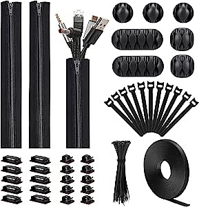 141pcs Cable Management Cord Organizer Kit, Include Self Adhesive Cable Organizer Clips, Cable Sleeves Cord Management Clips, Adjustable Cord Ties Desk Cord Organizer for TV Computer Home Office