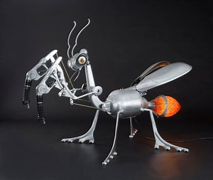 Giant Kinetic Praying Mantis Sculpture From Found Materials