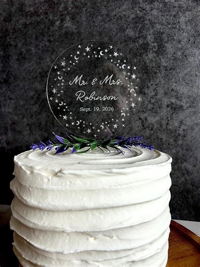 Personalized Wedding Cake Topper | Custom Clear Acrylic Engraved Cake Topper | Celestial Moon & Stars Wedding - Etsy