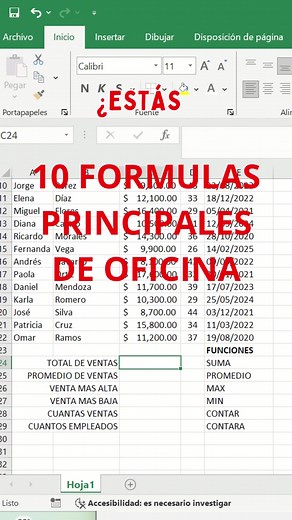¿Estás aprendiendo Excel desde cero? 📊 En este video te muestro las 10 funciones básicas de Excel que te ayudarán a realizar cálculos, analizar información y trabajar de forma mucho más rápida. ✅ SUMA ✅ PROMEDIO ✅ MAX ✅ MIN ✅ CONTAR ✅ CONTARA ✅ SI ✅ HOY ✅ CONCAT ✅ REDONDEAR Domina estas funciones y tendrás una base sólida para seguir aprendiendo Excel. 💬 ¿Cuál de estas funciones utilizas más? Escríbela en los comentarios. #Excel #Excel365 #MicrosoftExcel #AprendeExcel #CursoExcel