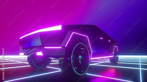 Cybertruck car illuminated by neon lights in a retro synthwave stylized Animation 4k