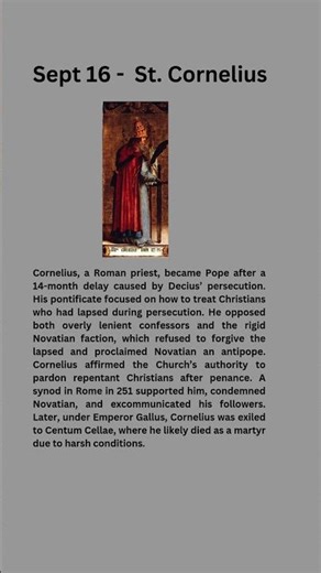 Sept 16 - St. Cornelius #shorts #catholicchurchsaints #catholicsaint #todayssaint #saintsoftheday
