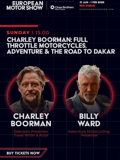 Motorcycles, adventure, and the road to Dakar. Charley Boorman takes to the stage to share a life lived on two wheels from film sets to global motorcycle journeys and taking on the Dakar Rally. Hosted by Billy Ward, with special guest Oran O’Kelly, the first Irish rider to enter and finish the Dakar Rally in 15 years. This time next week, Sunday’s line-up delivers pure adventure grab your ticket while you can.