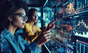 Women Analyzing Digital Data Displays Focused on Innovation and Technology Solutions