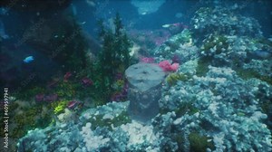 sunken ruins of ancient city or temple adorned with marine flora and fauna on sea bottom
