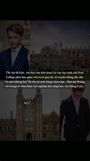 Để được nhận vào Eton College, học sinh phải vượt qua một quy trình tuyển sinh vô cùng khắt khe với các bài kiểm tra học thuật, phỏng vấn và đánh giá toàn diện từ trường đang theo học. Tuyển sinh cạnh tranh đến mức chỉ những ứng viên đáp ứng đầy đủ tiêu chí mới có cơ hội trở thành học sinh của ngôi trường danh tiếng này. Tuy nhiên, thử thách thực sự chỉ bắt đầu sau khi nhập học. Học sinh phải tuân thủ hàng loạt quy tắc và truyền thống lâu đời của Eton: đi học muộn sẽ bị ghi vào Tardy Book, bài l