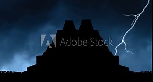 Lightning and Thunderstorm flash over the Aztec Pyramid Templo Mayor or Main Temple in Tenochtitlan, now Mexico City