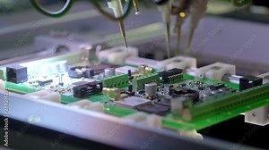 Electronic circuit board production. Automated Circut Board machine Produces Printed digital electronic board. Electronics contract manufacturing. Manufacture of electronic chips. High-tech.