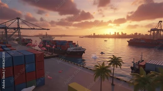 Vibrant sunset over a busy cargo port with ships, containers, cranes, and a distant city skyline.