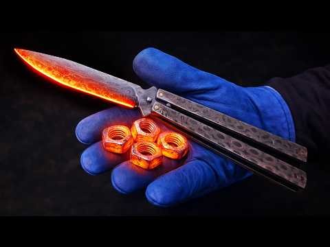 Forging a Damascus Butterfly Knife from Steel Nuts!🔥